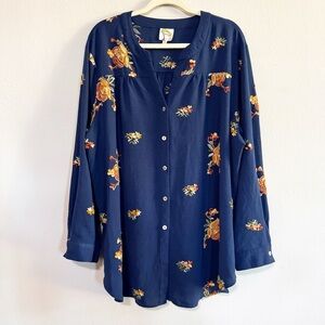 AnthropologieFig And Flower Embroidered Long Sleeve Blouse 3X Blue